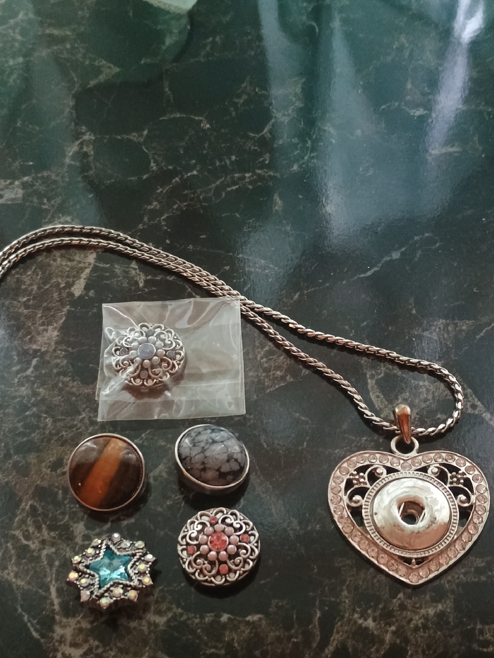 Silver-Tone Heart Pendant Necklace with Decorative Snap Charms -